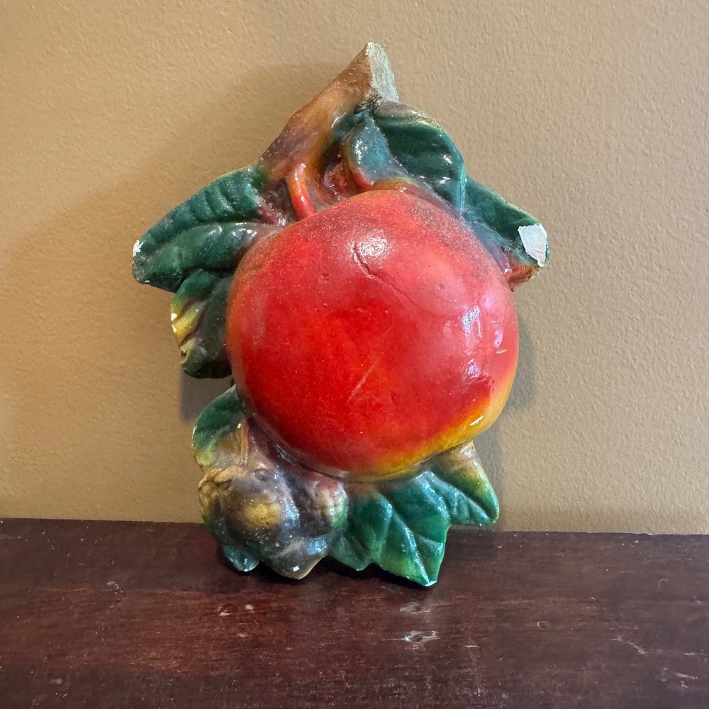 Vintage Chalkware Apple Peach Wall Hanging String‎ Dispenser Kitchen Decor